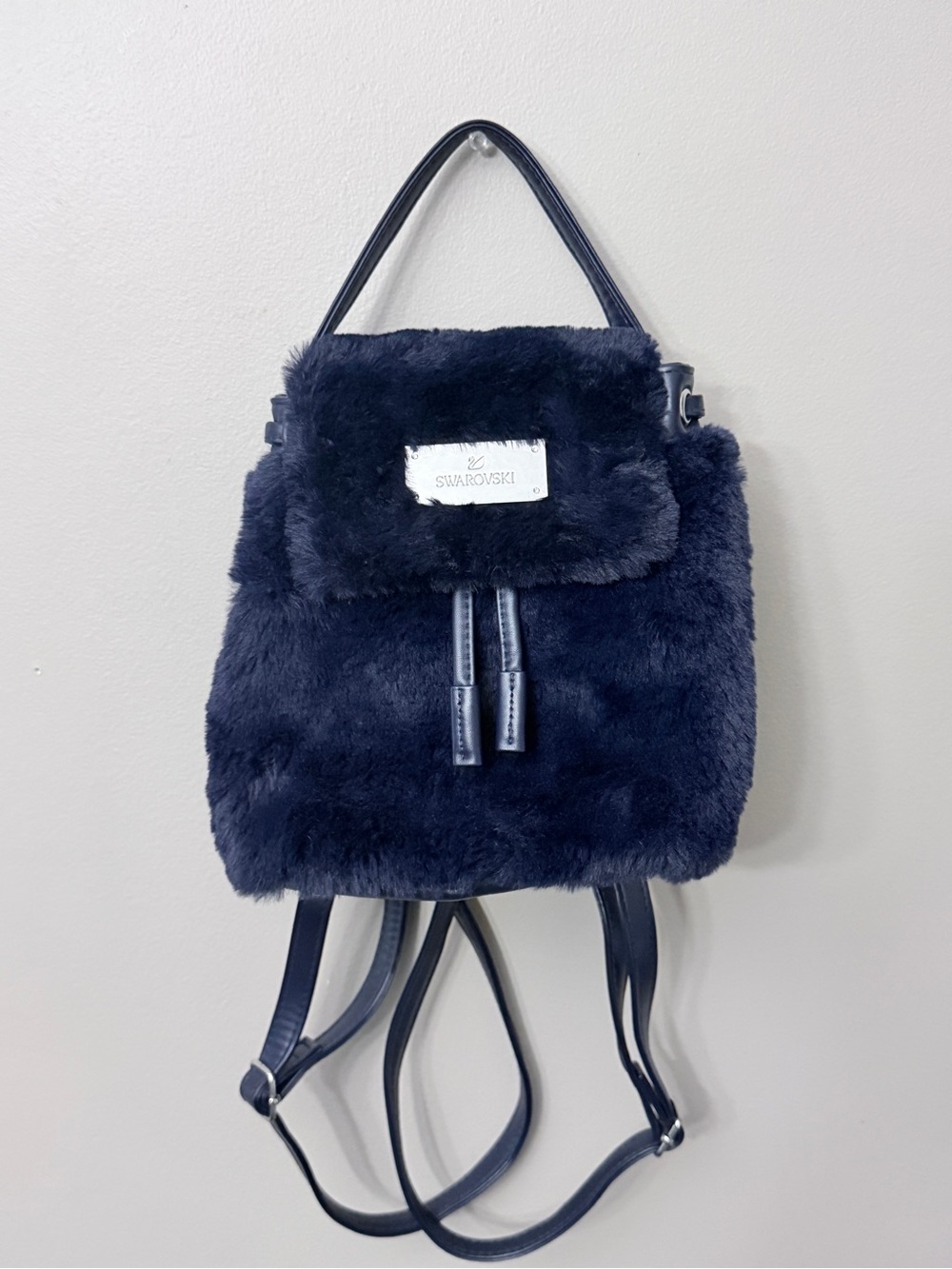 Swarovski Navy Blue Faux Fur Mini Backpack Drawstring Bag Plaque